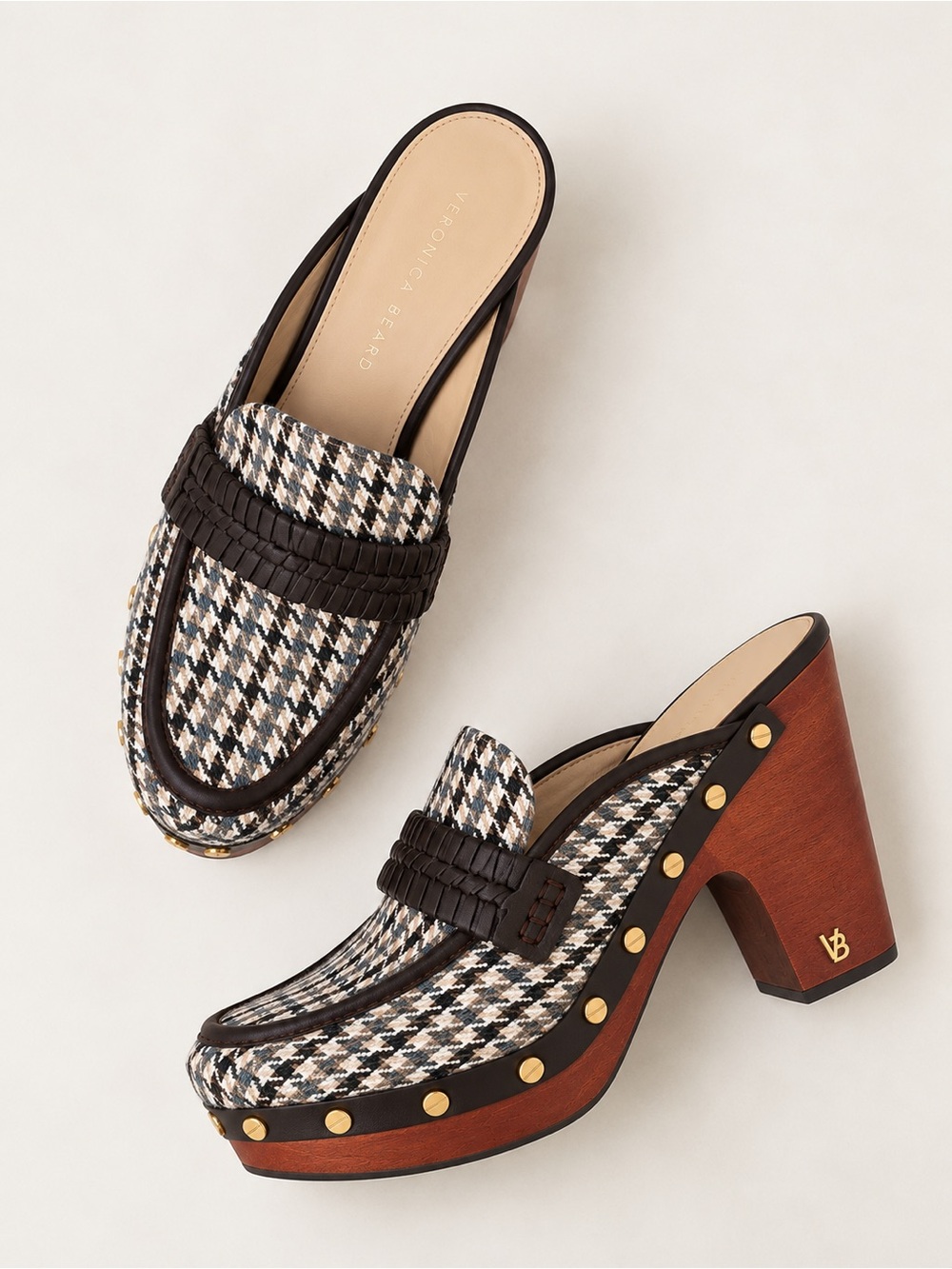 Veronica Beard Delia Leathertrimmed Tweed Platform Clogs brown size 9